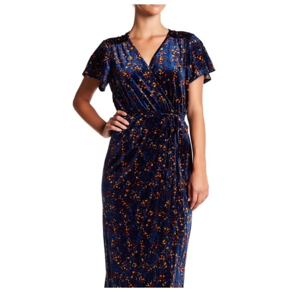 ! Superfoxx Navy Blue Floral Velvet V-Neck Wrap Dress sz xs